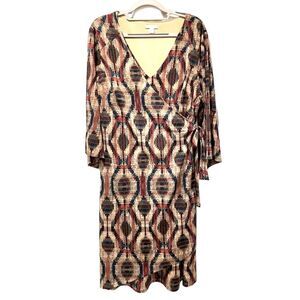 Cato Abstract Pattern 3/4‎ Bell Sleeve V-Neck Wrap Dress Brown Blue Size 14